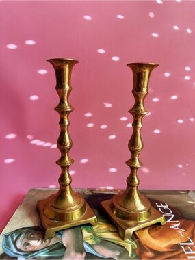 Vintage Brass Candlestick Pair - Polished Gold Tone Home Accent